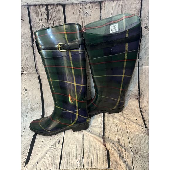 Ralph Lauren Rossalyn II Knee High Plaid Rain Boots Size 8 - Picture 1 of 9